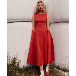 Helsa Red Stretch Cotton Sateen Midi Dress Size Large